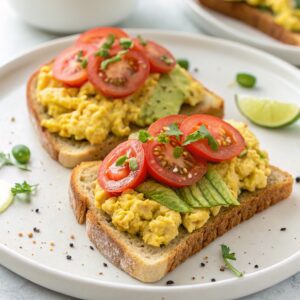 Avocado Toast with Tomato and Vegan Scramble