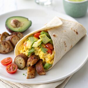 Breakfast Burrito-Eggs, Sausage, and Avocado